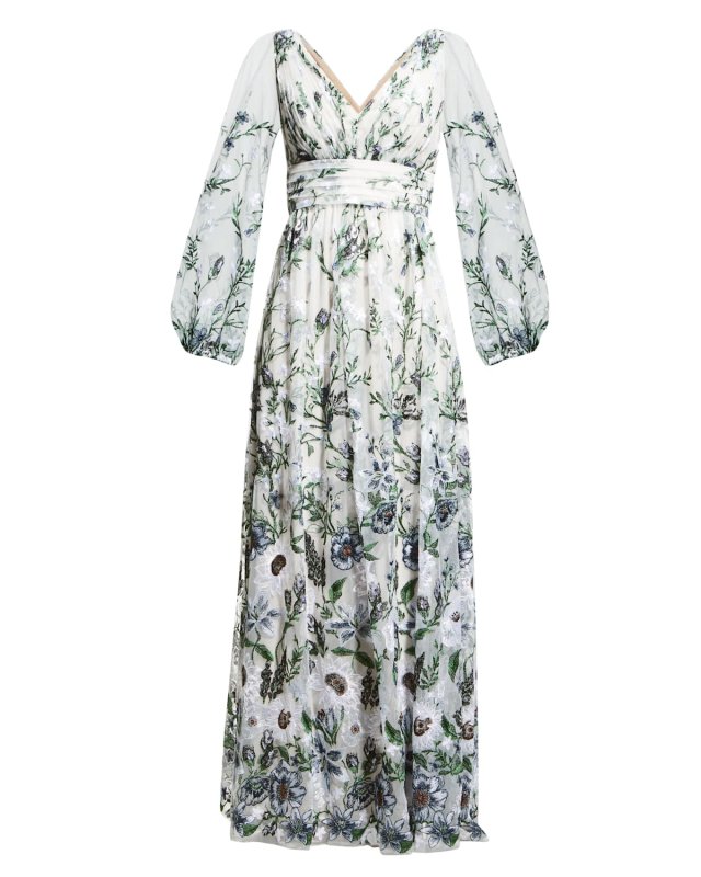 Floral-Embroidered Tulle Gown
